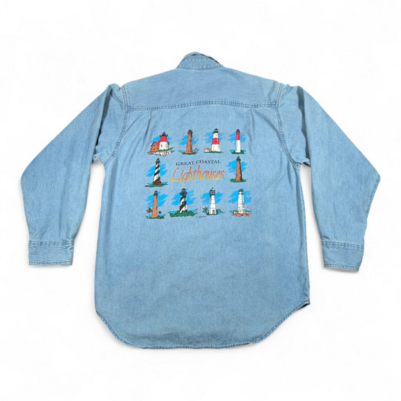 Vintage Lighthouses Shirt Adult MEDIUM Blue Chambray Jean Great Coastal 90s - Picture 1 of 11